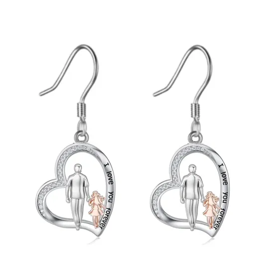 10K Silver & Rose Gold Cubic Zirconia Father & Daughter Drop Earrings with Engraved Word