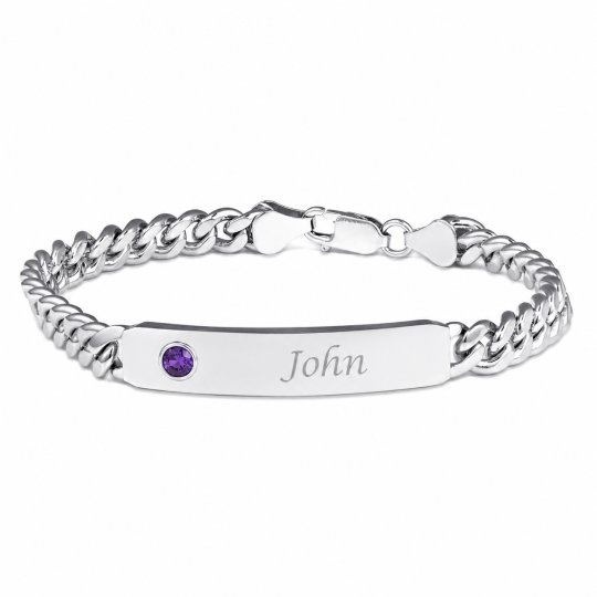 Pulsera de identificación personalizada con piedra de nacimiento y grabado en oro blanco de 14 quilates para hombres