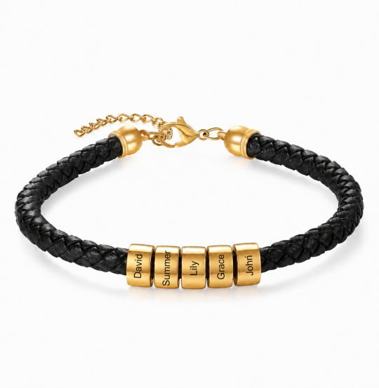 10K Gold Engravable Charm Leather Bracelet for Men