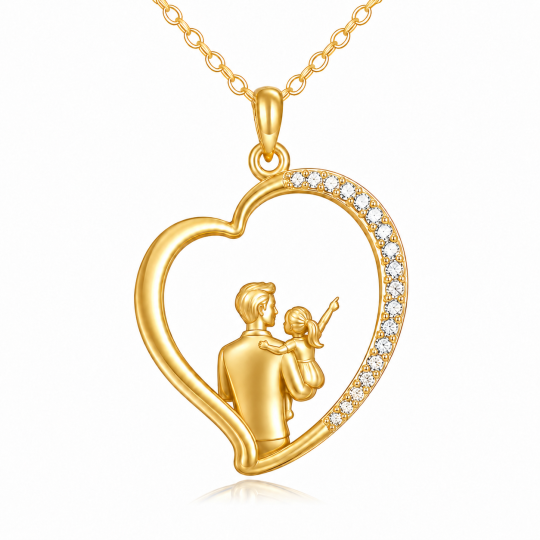 10K Gold Cubic Zirconia Father & Daughter & Heart Pendant Necklace