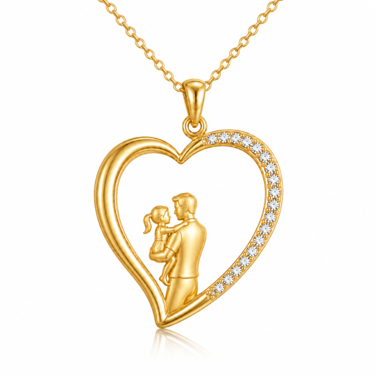 10K Gold Cubic Zirconia Father & Daughter & Heart Pendant Necklace