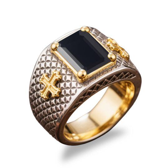 Anillo de sello con cruz de ónice cortado en esmeralda en oro y óxido de plata de 14 quilates para hombres